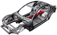 Mazda RX8: Каркас кузова представляет собой жесткую конструкцию, построенную вокруг хребтового центрального тоннеля. Обратите внимание на растяжки между опорами стоек передней подвески и в проеме багажника